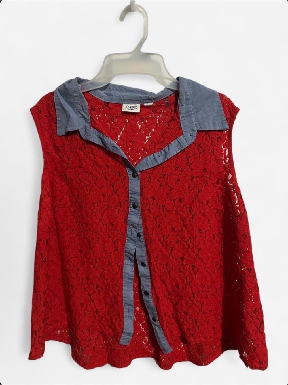 Cato Red Lace Tank with Light Blue Chambray Trim